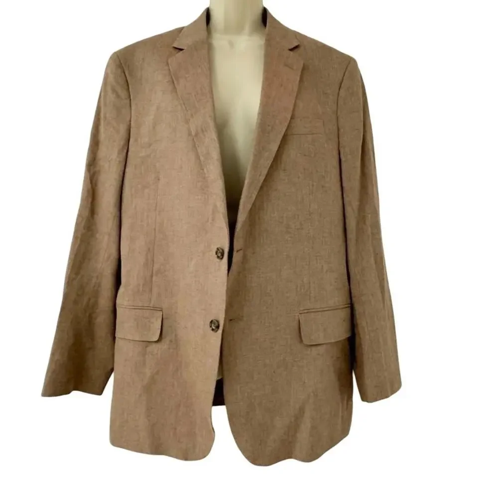 Stafford Signature Classic Fit Brown Herringbone Linen Suit Jacket Blazer 44 R